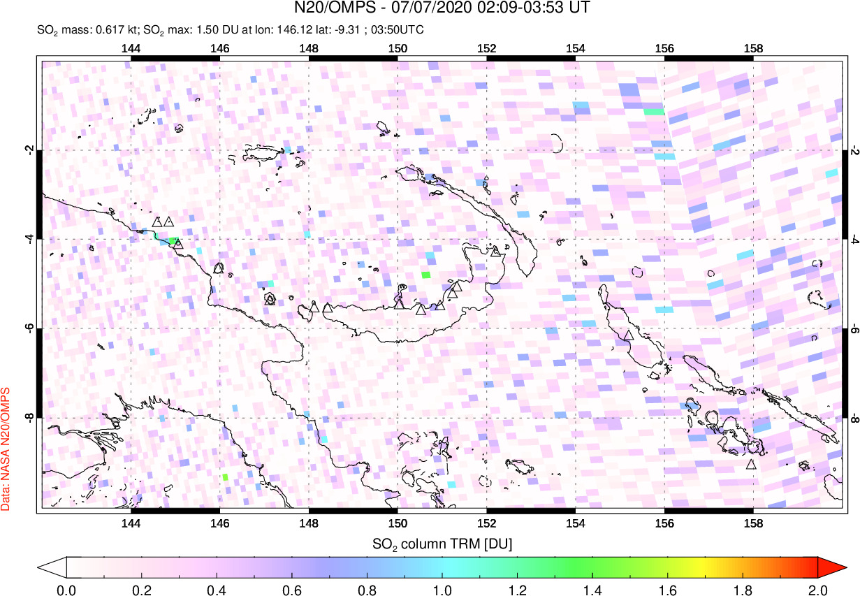 A sulfur dioxide image over Papua, New Guinea on Jul 07, 2020.