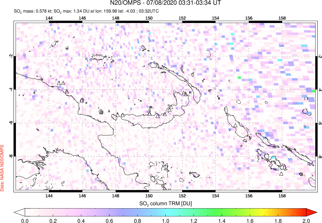 A sulfur dioxide image over Papua, New Guinea on Jul 08, 2020.