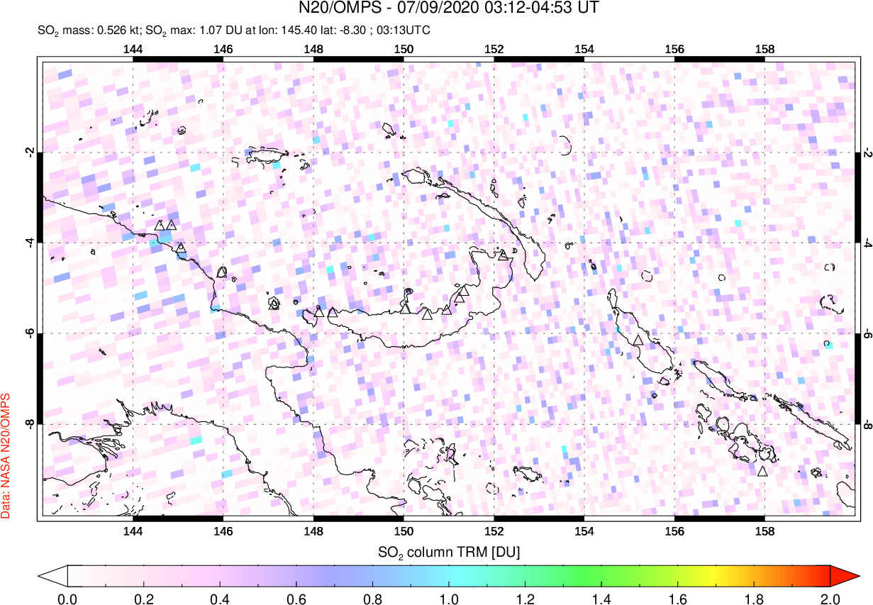 A sulfur dioxide image over Papua, New Guinea on Jul 09, 2020.