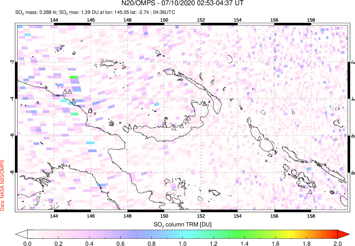 A sulfur dioxide image over Papua, New Guinea on Jul 10, 2020.