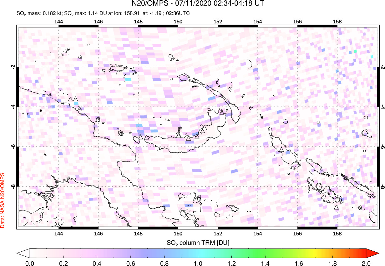 A sulfur dioxide image over Papua, New Guinea on Jul 11, 2020.