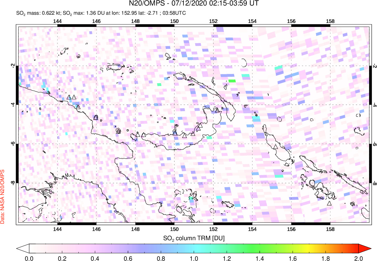 A sulfur dioxide image over Papua, New Guinea on Jul 12, 2020.