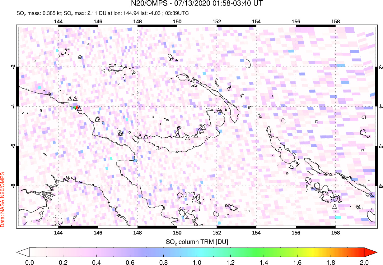 A sulfur dioxide image over Papua, New Guinea on Jul 13, 2020.