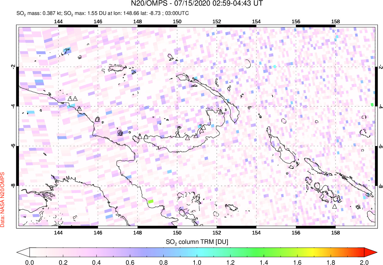 A sulfur dioxide image over Papua, New Guinea on Jul 15, 2020.