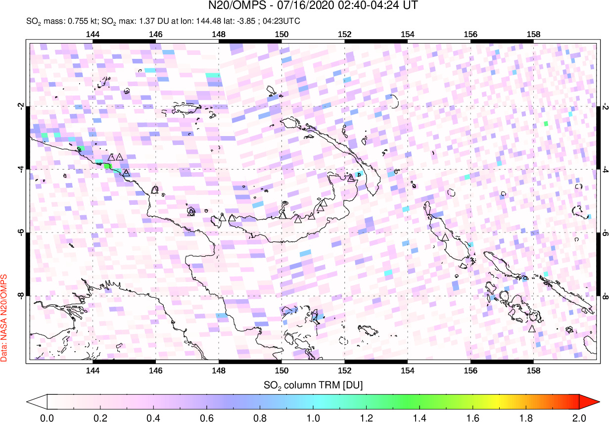 A sulfur dioxide image over Papua, New Guinea on Jul 16, 2020.