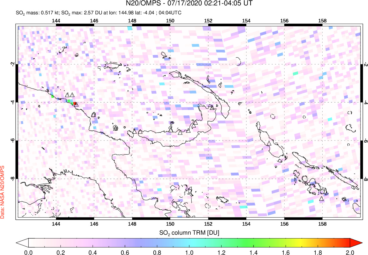 A sulfur dioxide image over Papua, New Guinea on Jul 17, 2020.