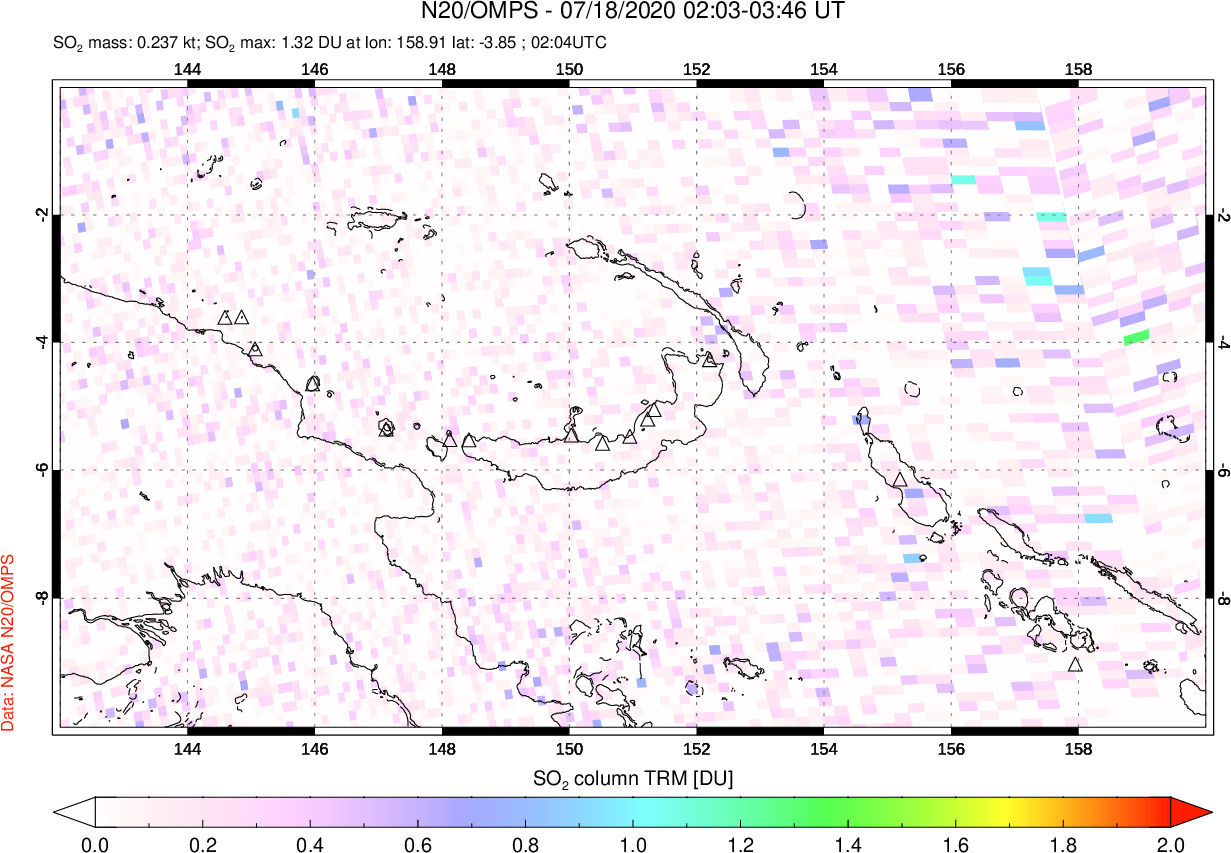 A sulfur dioxide image over Papua, New Guinea on Jul 18, 2020.