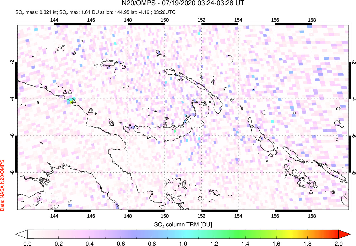 A sulfur dioxide image over Papua, New Guinea on Jul 19, 2020.