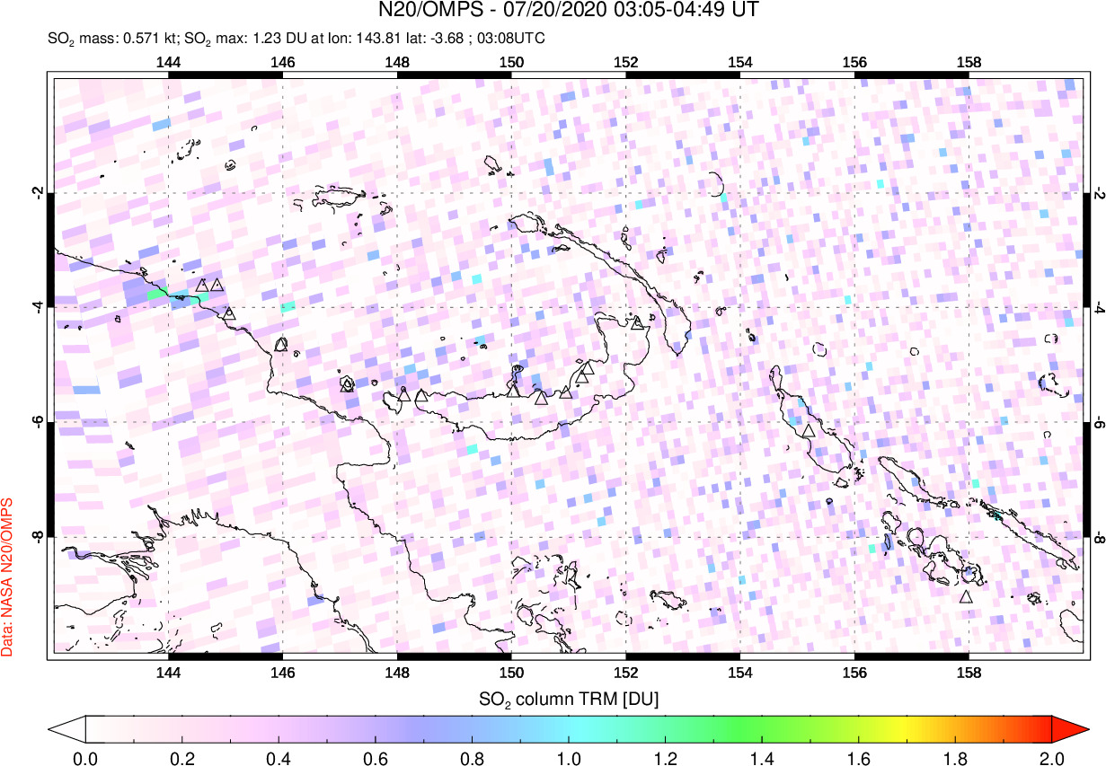 A sulfur dioxide image over Papua, New Guinea on Jul 20, 2020.