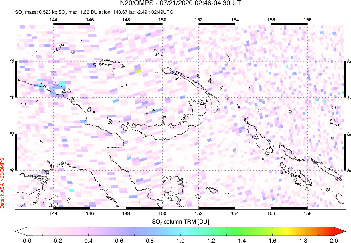 A sulfur dioxide image over Papua, New Guinea on Jul 21, 2020.