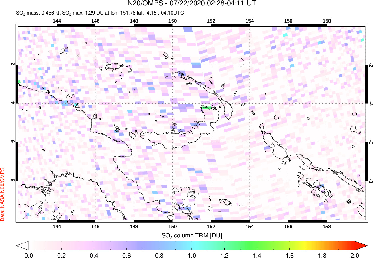 A sulfur dioxide image over Papua, New Guinea on Jul 22, 2020.