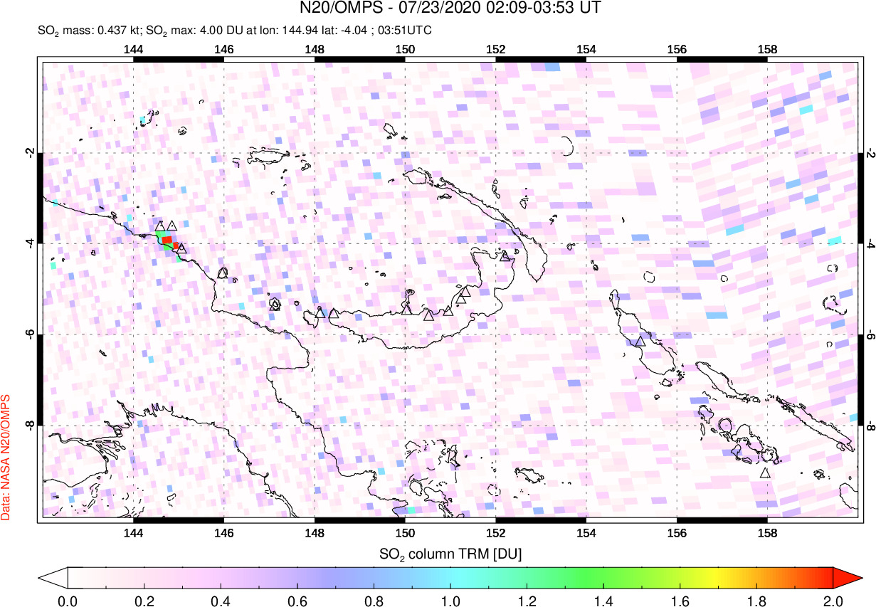 A sulfur dioxide image over Papua, New Guinea on Jul 23, 2020.