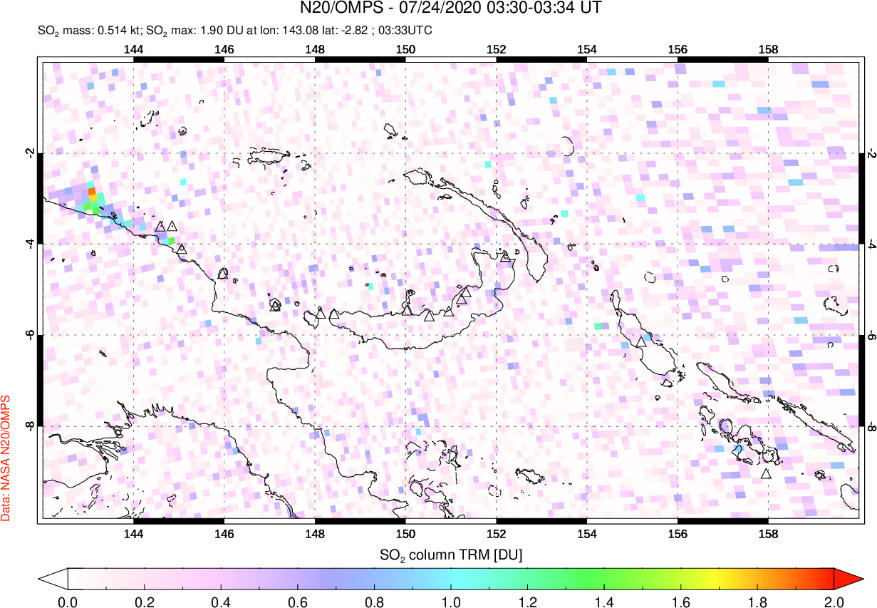 A sulfur dioxide image over Papua, New Guinea on Jul 24, 2020.