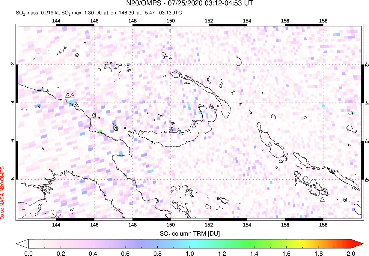 A sulfur dioxide image over Papua, New Guinea on Jul 25, 2020.