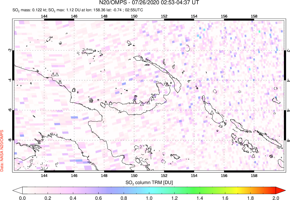 A sulfur dioxide image over Papua, New Guinea on Jul 26, 2020.