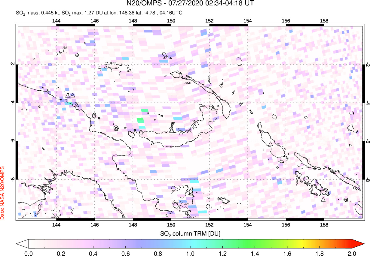 A sulfur dioxide image over Papua, New Guinea on Jul 27, 2020.