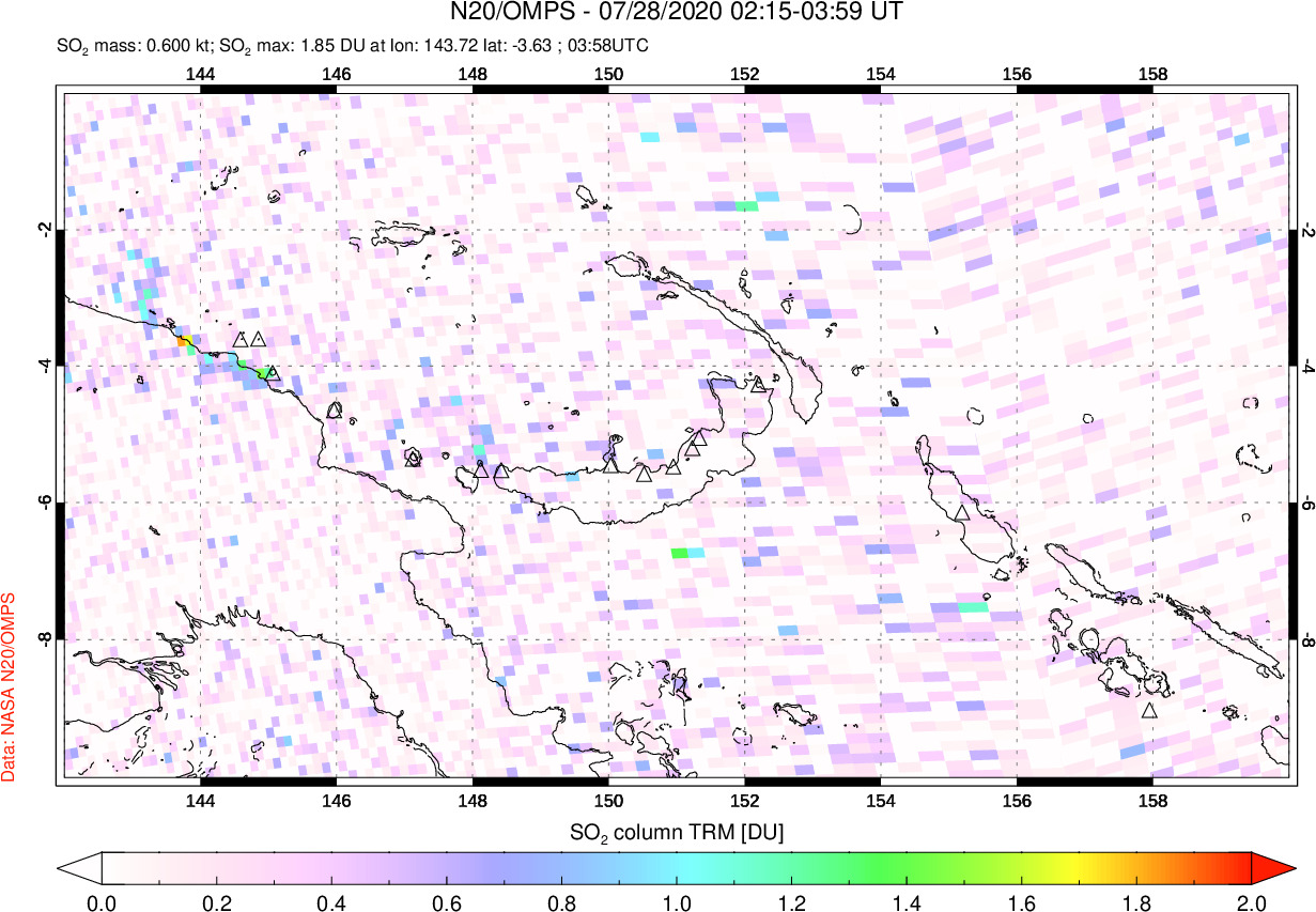 A sulfur dioxide image over Papua, New Guinea on Jul 28, 2020.