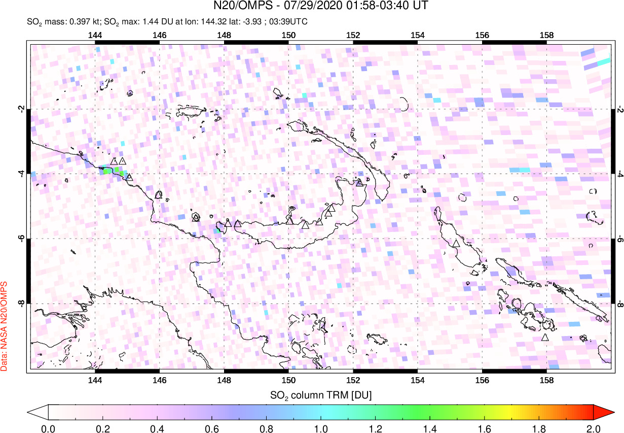 A sulfur dioxide image over Papua, New Guinea on Jul 29, 2020.