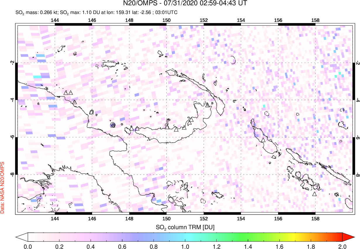 A sulfur dioxide image over Papua, New Guinea on Jul 31, 2020.