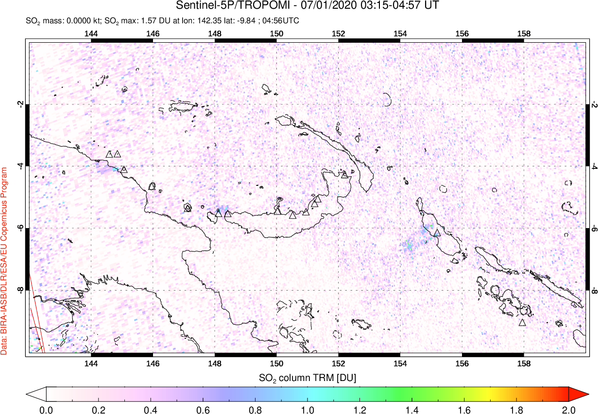 A sulfur dioxide image over Papua, New Guinea on Jul 01, 2020.