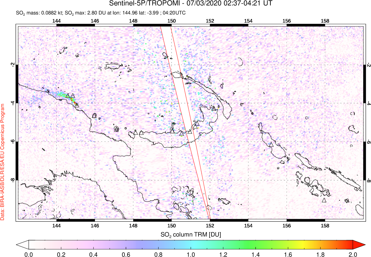 A sulfur dioxide image over Papua, New Guinea on Jul 03, 2020.