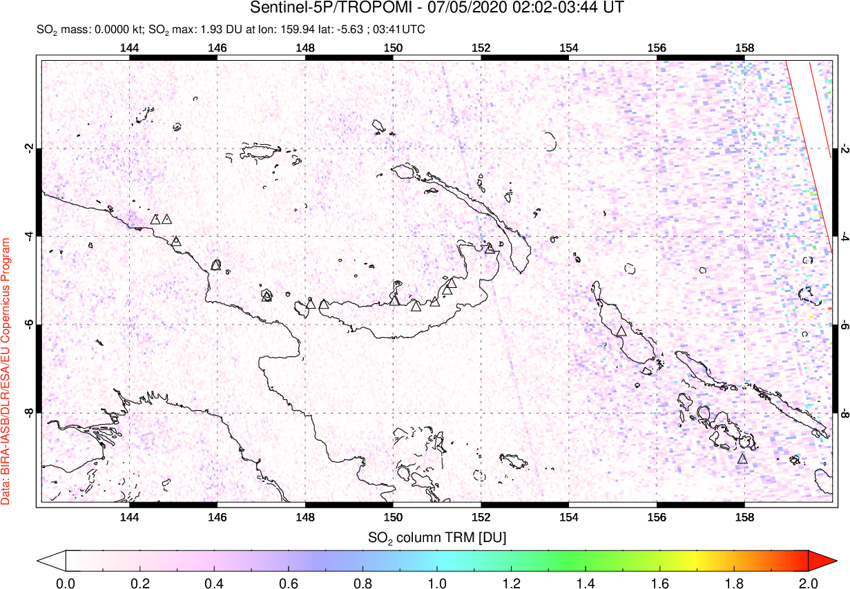 A sulfur dioxide image over Papua, New Guinea on Jul 05, 2020.