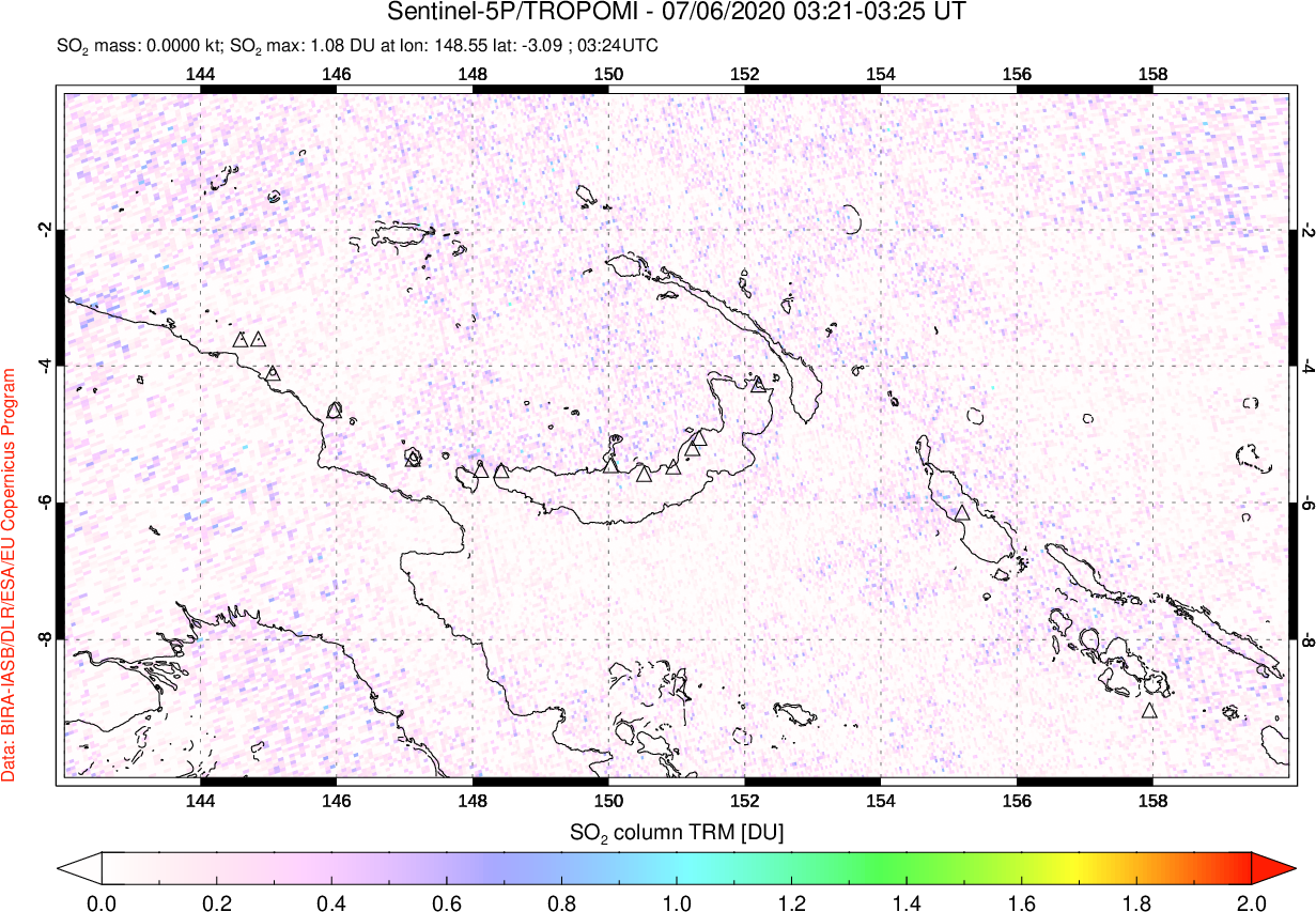 A sulfur dioxide image over Papua, New Guinea on Jul 06, 2020.