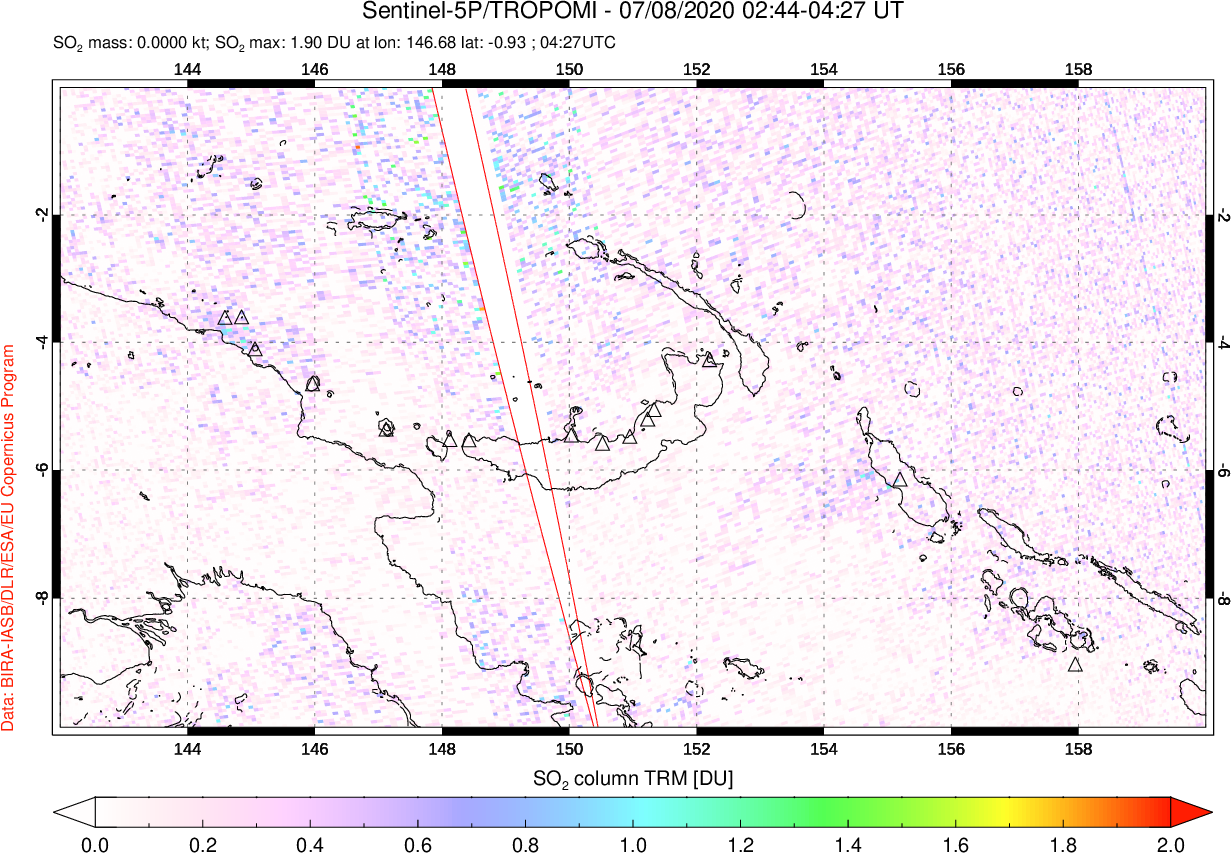 A sulfur dioxide image over Papua, New Guinea on Jul 08, 2020.