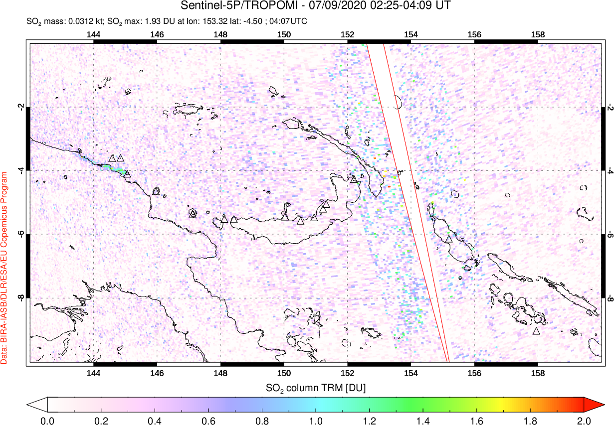 A sulfur dioxide image over Papua, New Guinea on Jul 09, 2020.