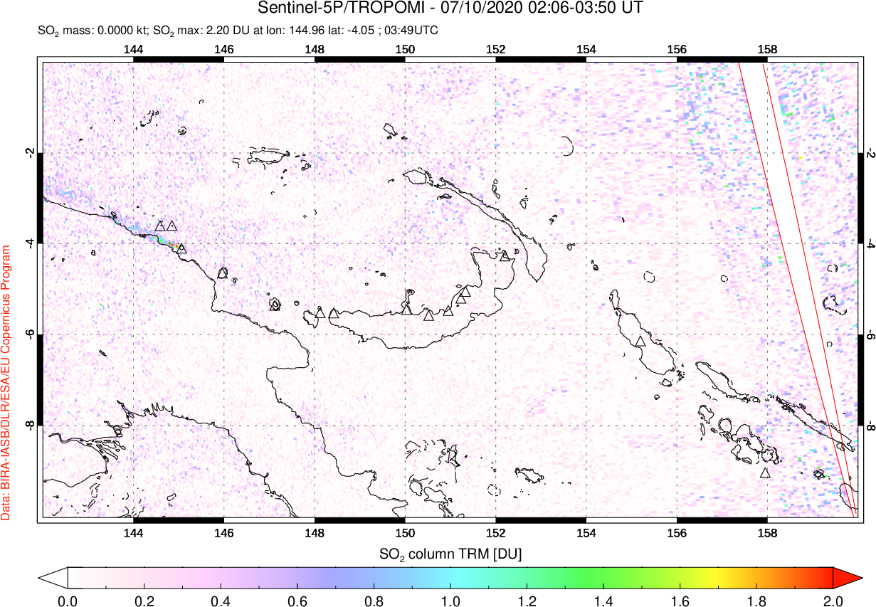 A sulfur dioxide image over Papua, New Guinea on Jul 10, 2020.