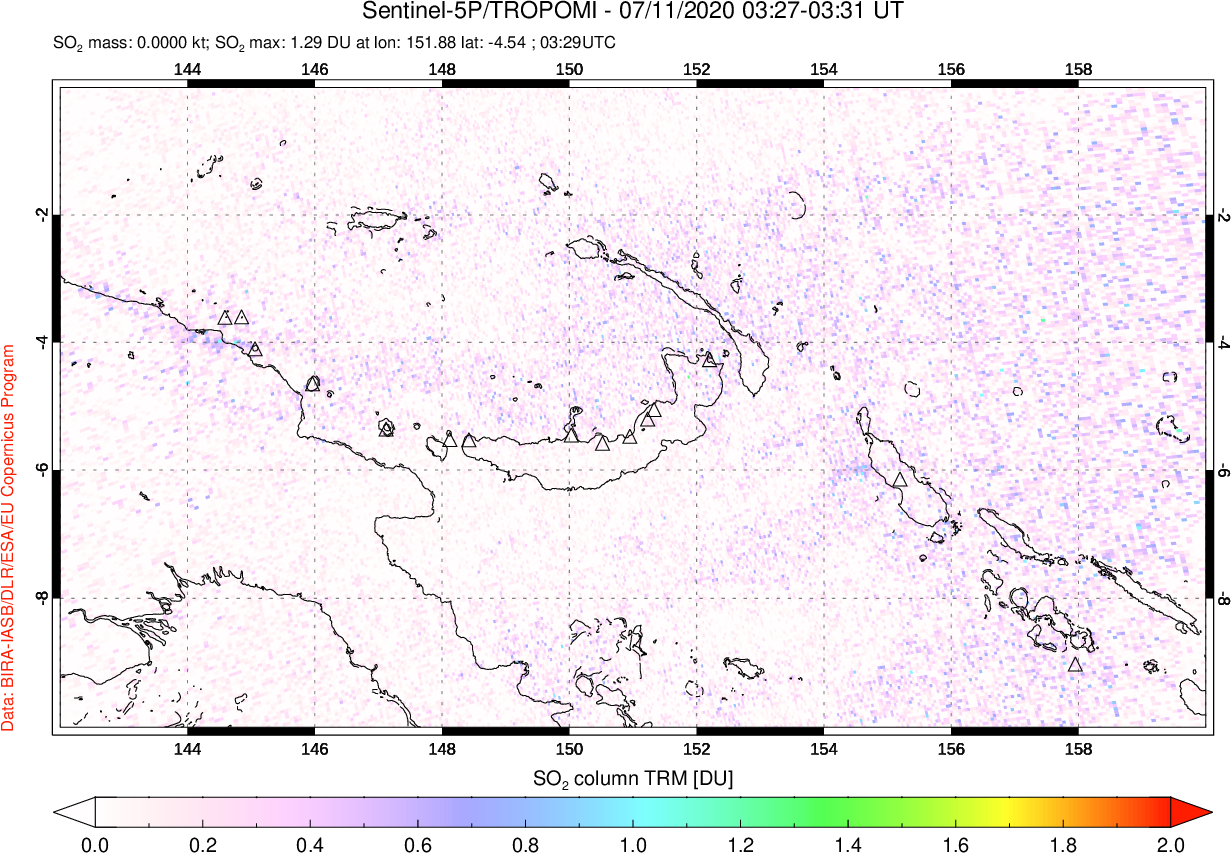 A sulfur dioxide image over Papua, New Guinea on Jul 11, 2020.