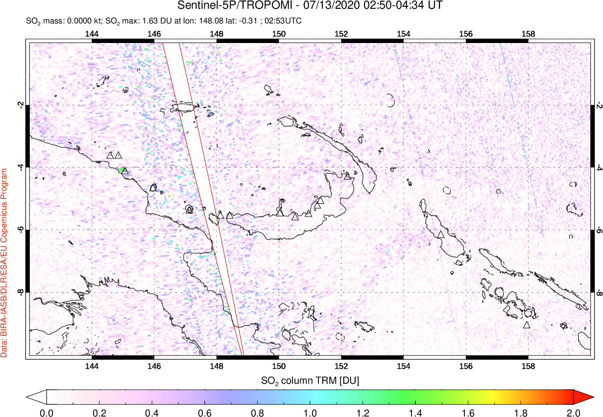 A sulfur dioxide image over Papua, New Guinea on Jul 13, 2020.