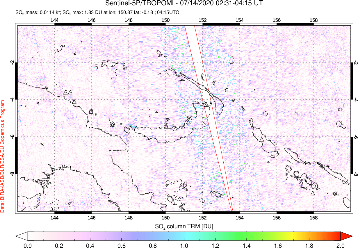A sulfur dioxide image over Papua, New Guinea on Jul 14, 2020.