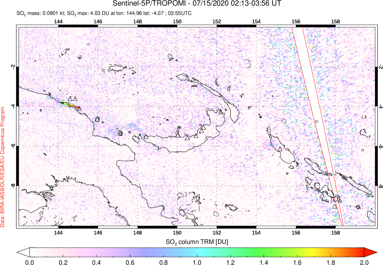 A sulfur dioxide image over Papua, New Guinea on Jul 15, 2020.