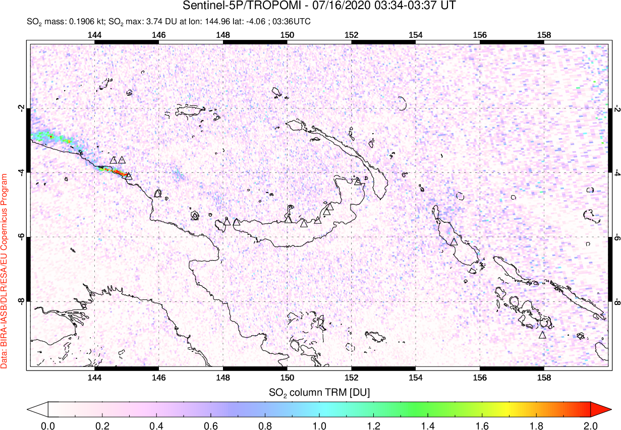 A sulfur dioxide image over Papua, New Guinea on Jul 16, 2020.