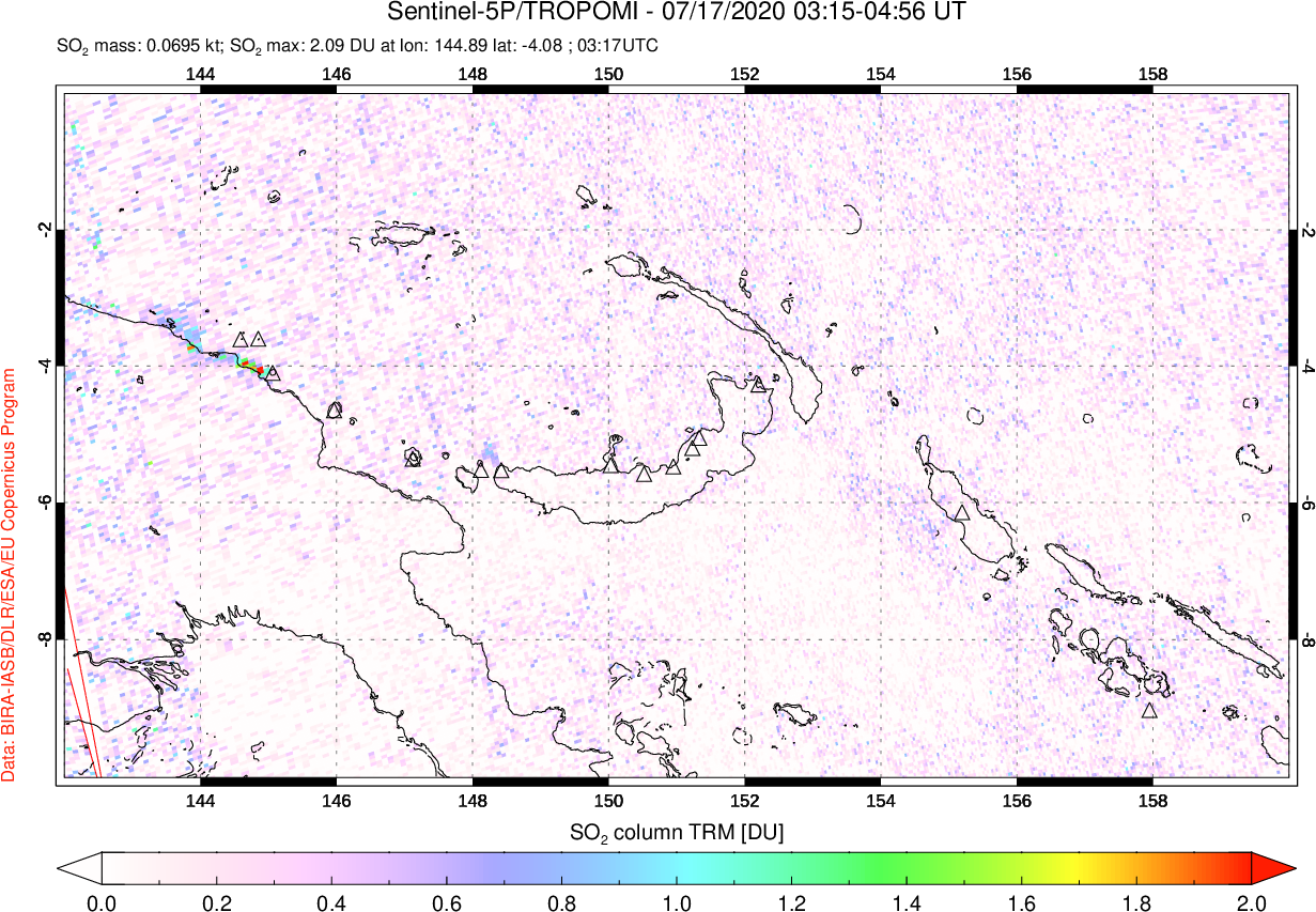 A sulfur dioxide image over Papua, New Guinea on Jul 17, 2020.