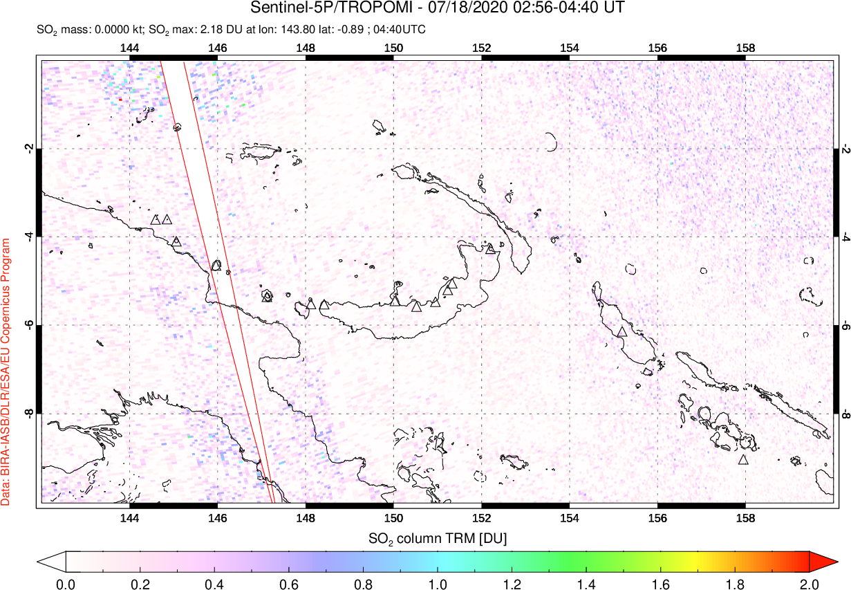 A sulfur dioxide image over Papua, New Guinea on Jul 18, 2020.