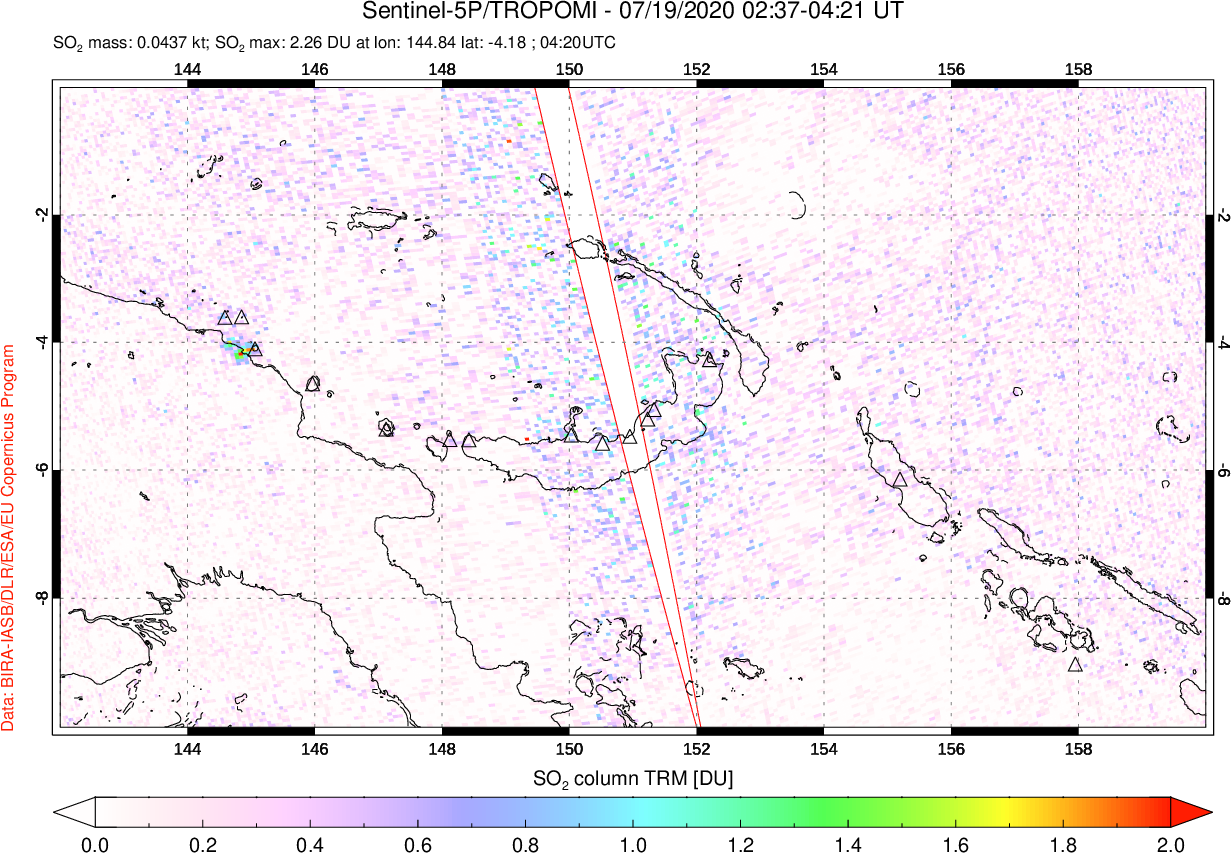 A sulfur dioxide image over Papua, New Guinea on Jul 19, 2020.