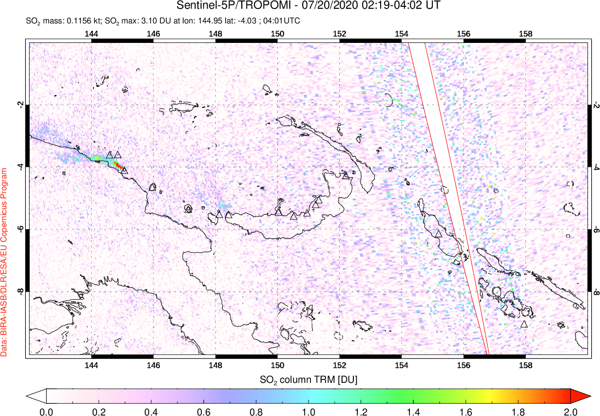 A sulfur dioxide image over Papua, New Guinea on Jul 20, 2020.