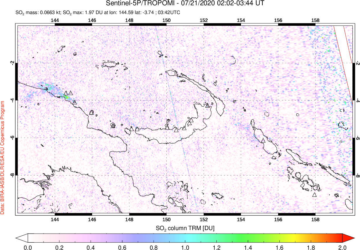 A sulfur dioxide image over Papua, New Guinea on Jul 21, 2020.