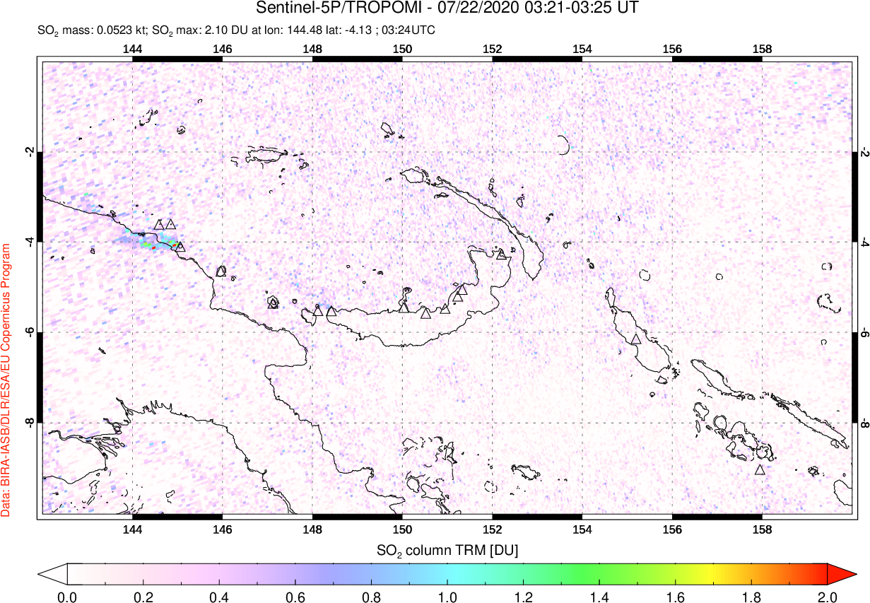 A sulfur dioxide image over Papua, New Guinea on Jul 22, 2020.