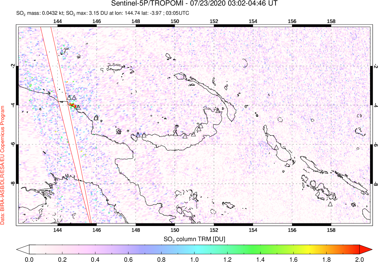 A sulfur dioxide image over Papua, New Guinea on Jul 23, 2020.