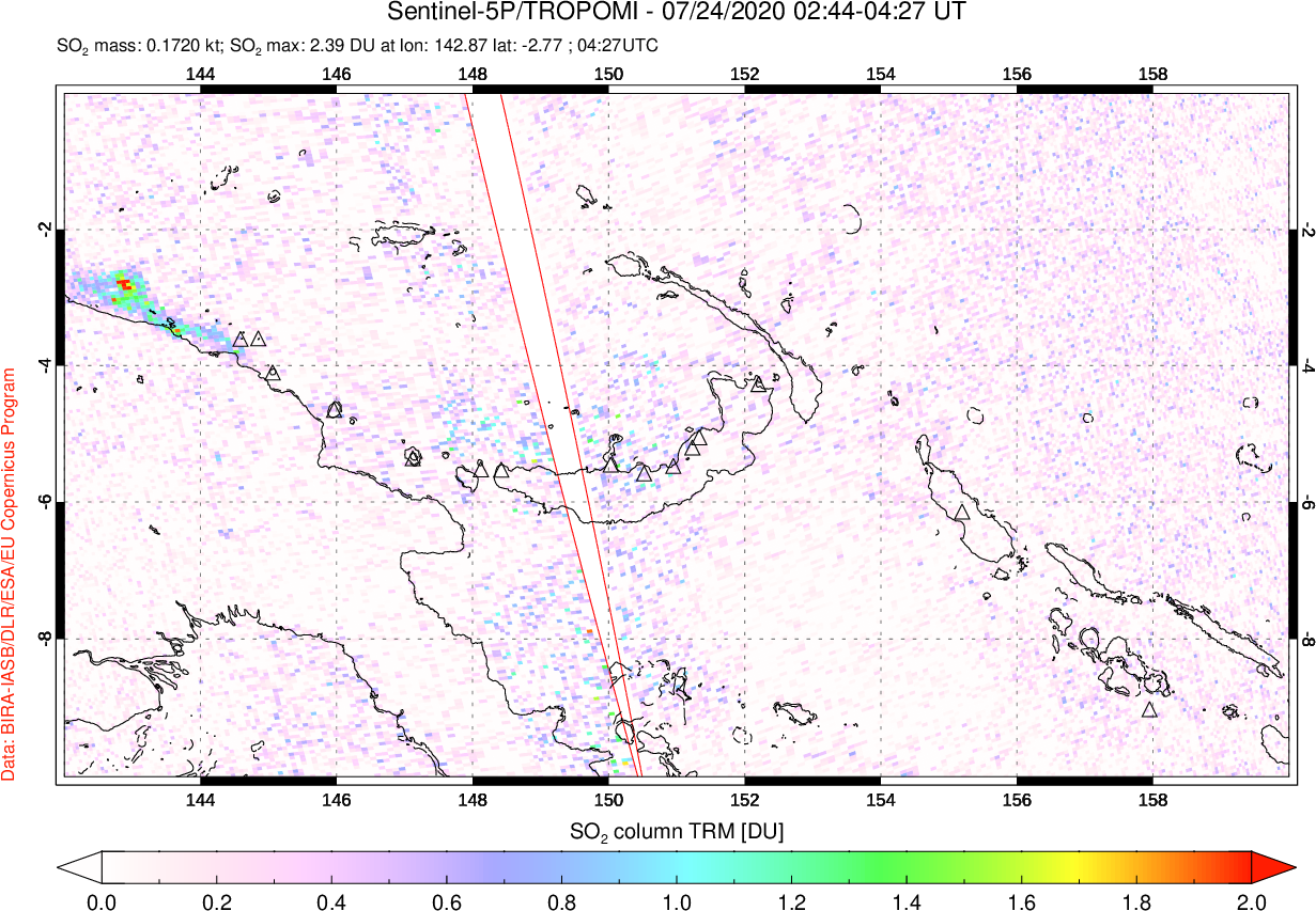 A sulfur dioxide image over Papua, New Guinea on Jul 24, 2020.