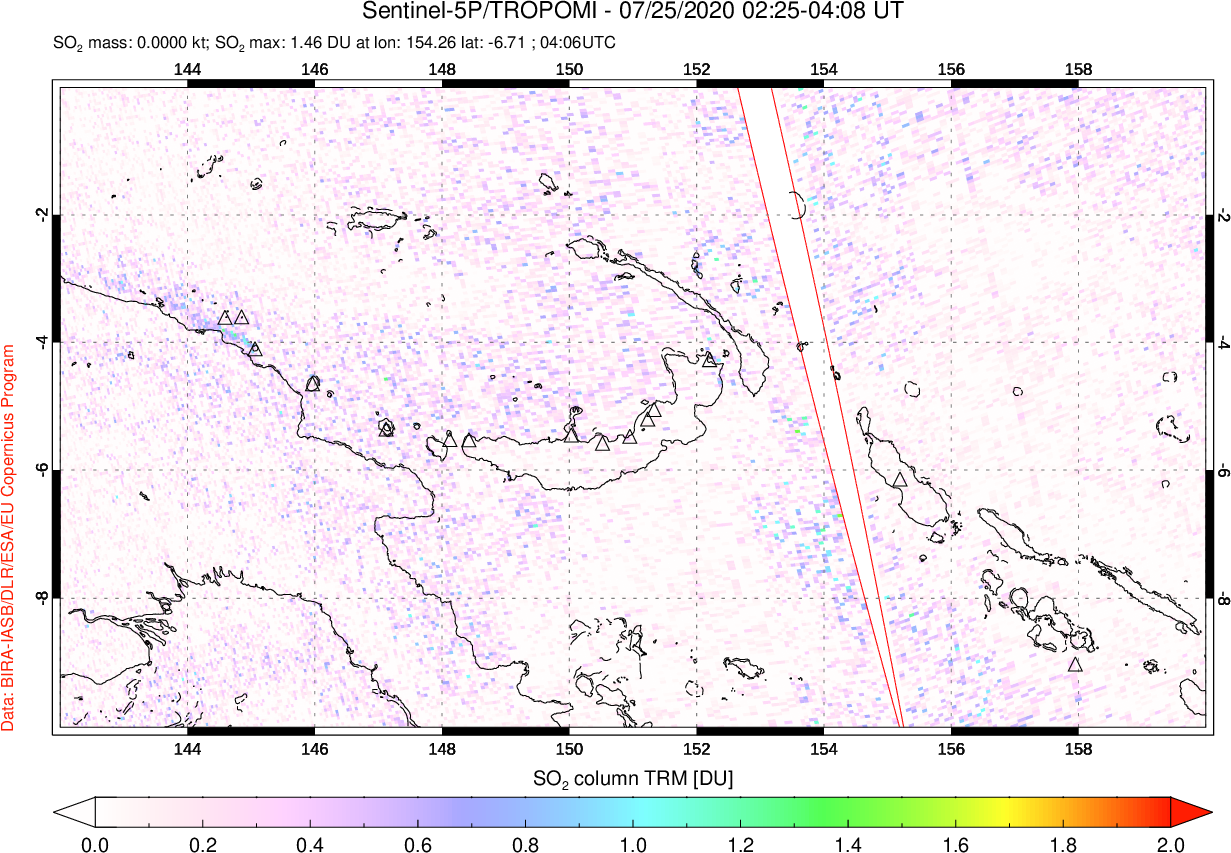 A sulfur dioxide image over Papua, New Guinea on Jul 25, 2020.
