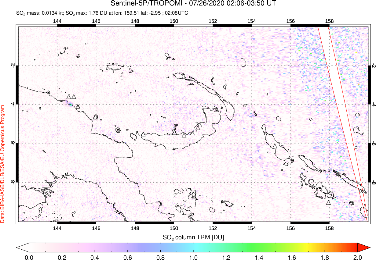 A sulfur dioxide image over Papua, New Guinea on Jul 26, 2020.