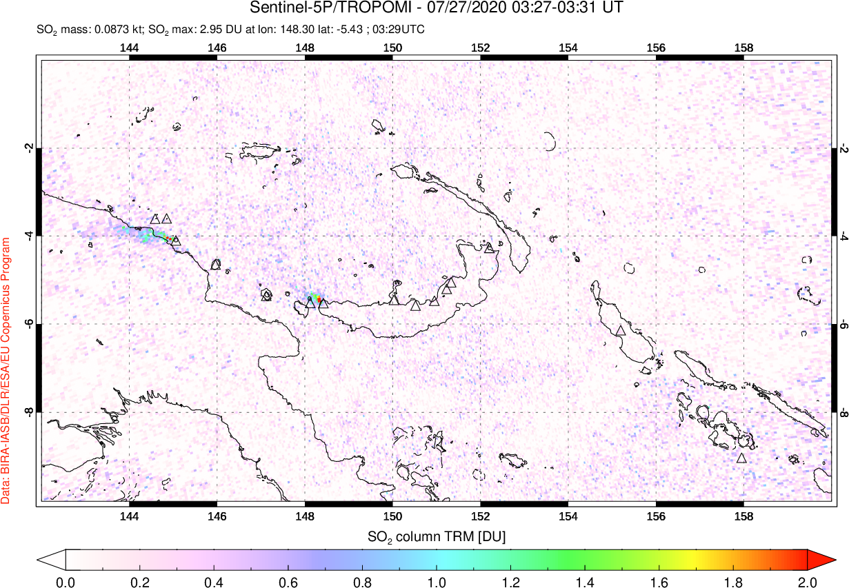 A sulfur dioxide image over Papua, New Guinea on Jul 27, 2020.