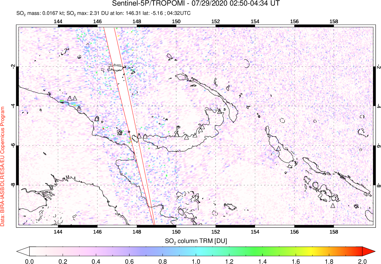 A sulfur dioxide image over Papua, New Guinea on Jul 29, 2020.