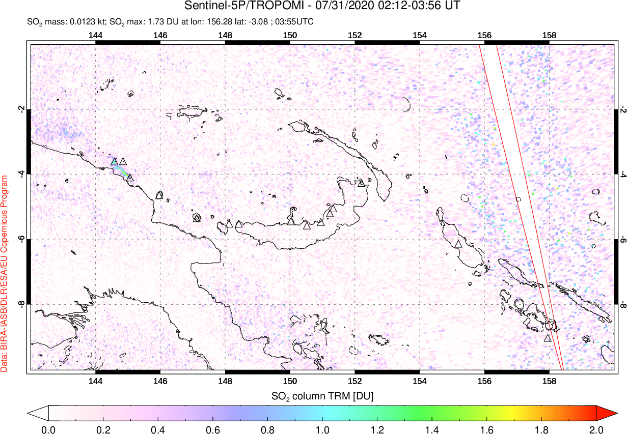 A sulfur dioxide image over Papua, New Guinea on Jul 31, 2020.