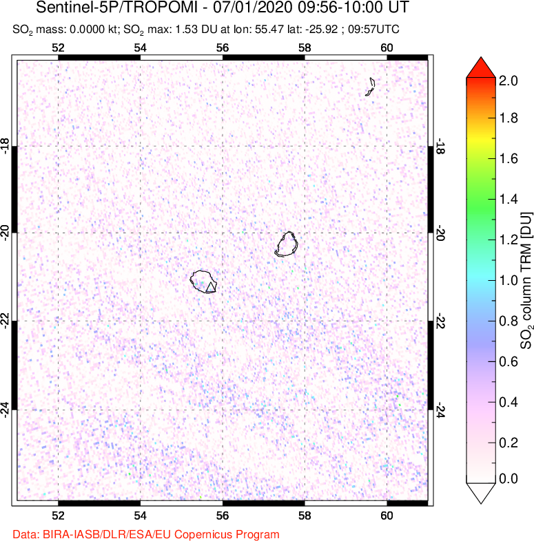A sulfur dioxide image over Reunion Island, Indian Ocean on Jul 01, 2020.