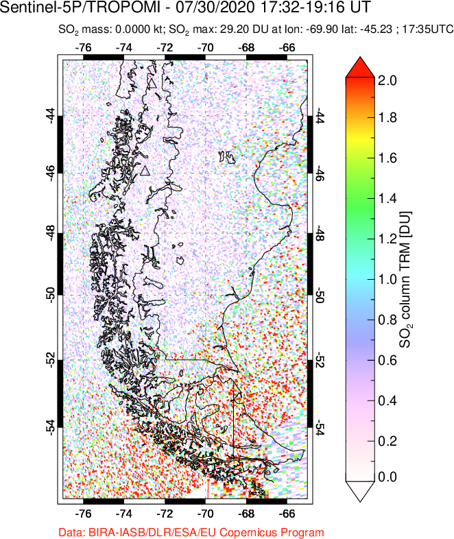 A sulfur dioxide image over Southern Chile on Jul 30, 2020.